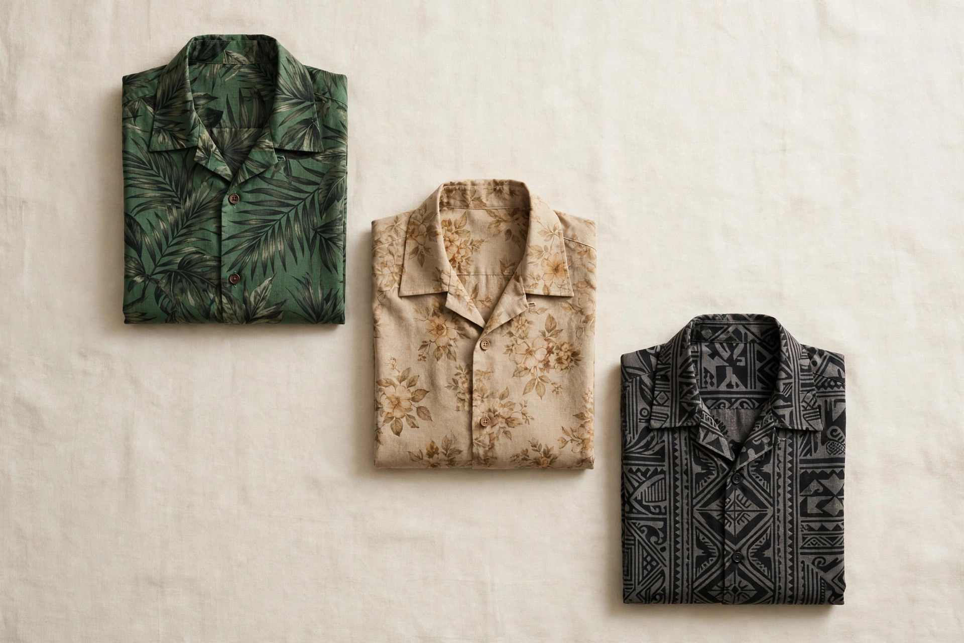 Folded premium aloha shirts in botanical prints