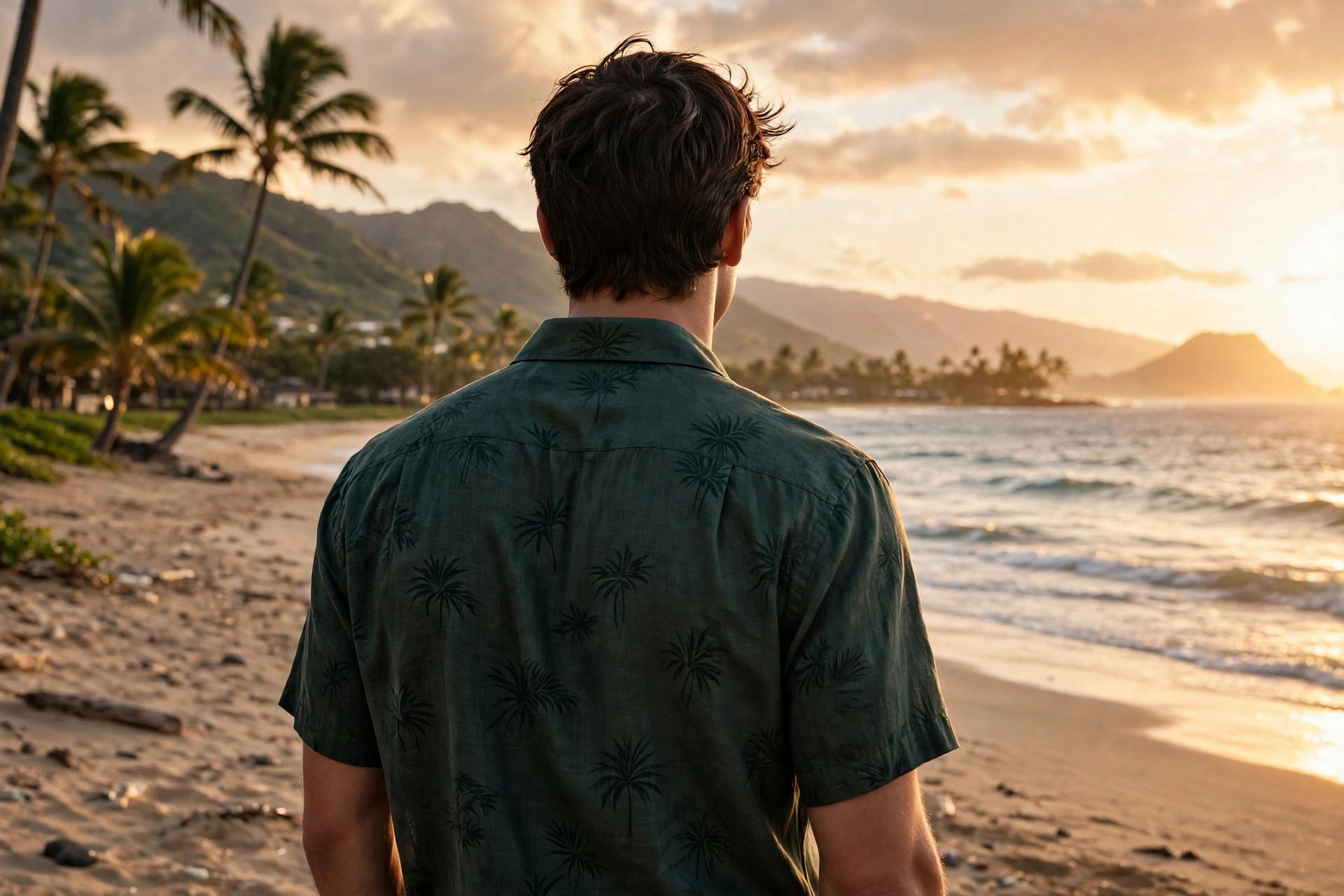 Man wearing an aloha shirt at golden hour